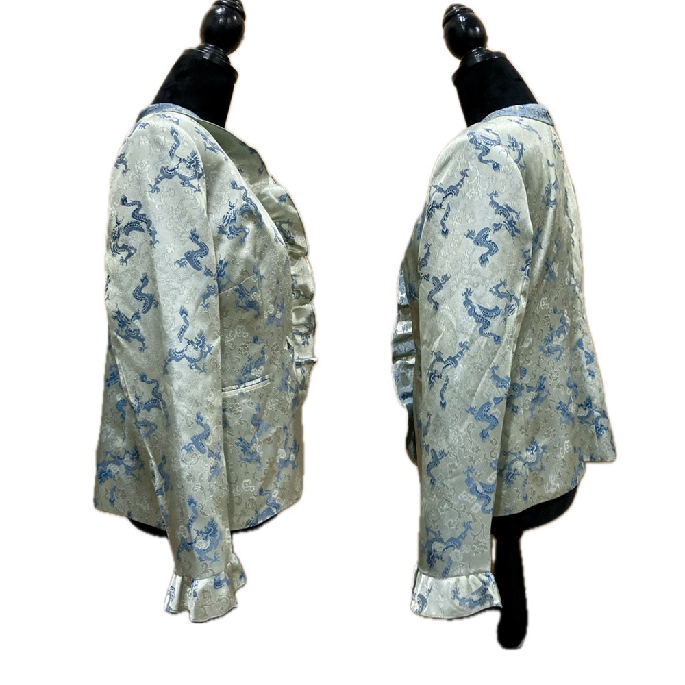 Women's Dragon & Rose Jacket Ruffle Edges Button Front Y2K Style Light Green - Picture 2 of 16